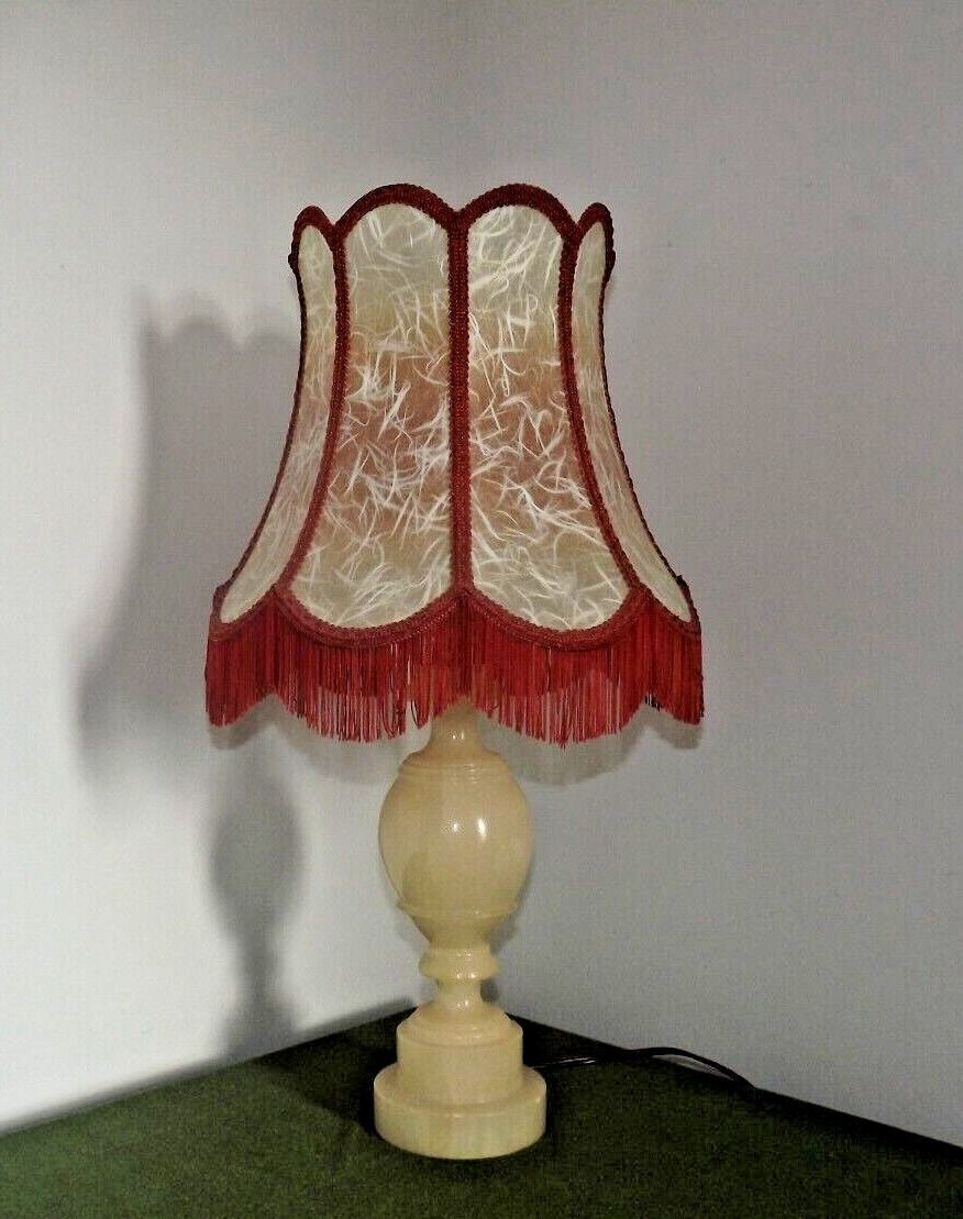 French vintage round marble table lamp with hide skin decorative shade