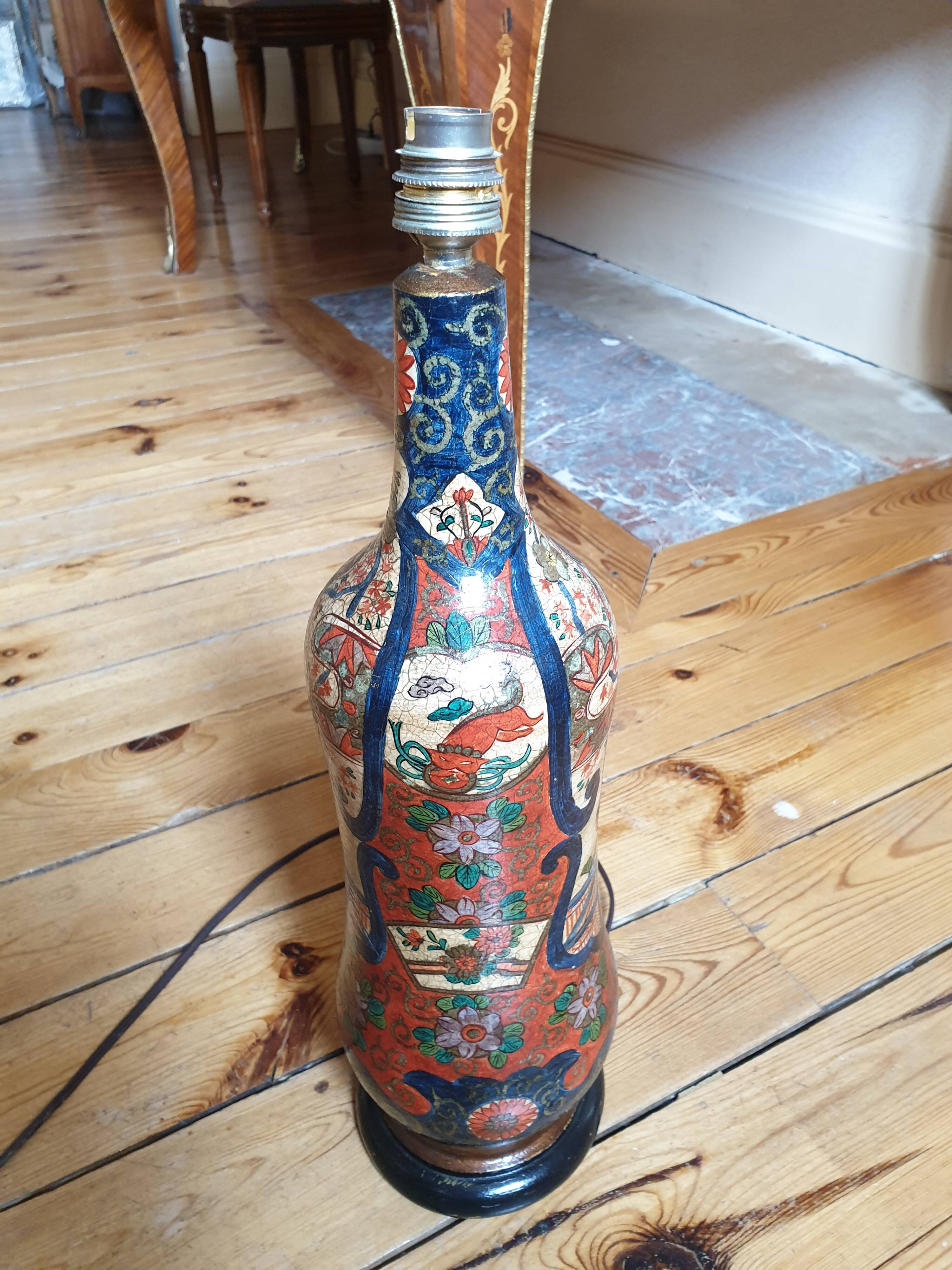 Multicolored painted wooden lamp with floral and animal decoration