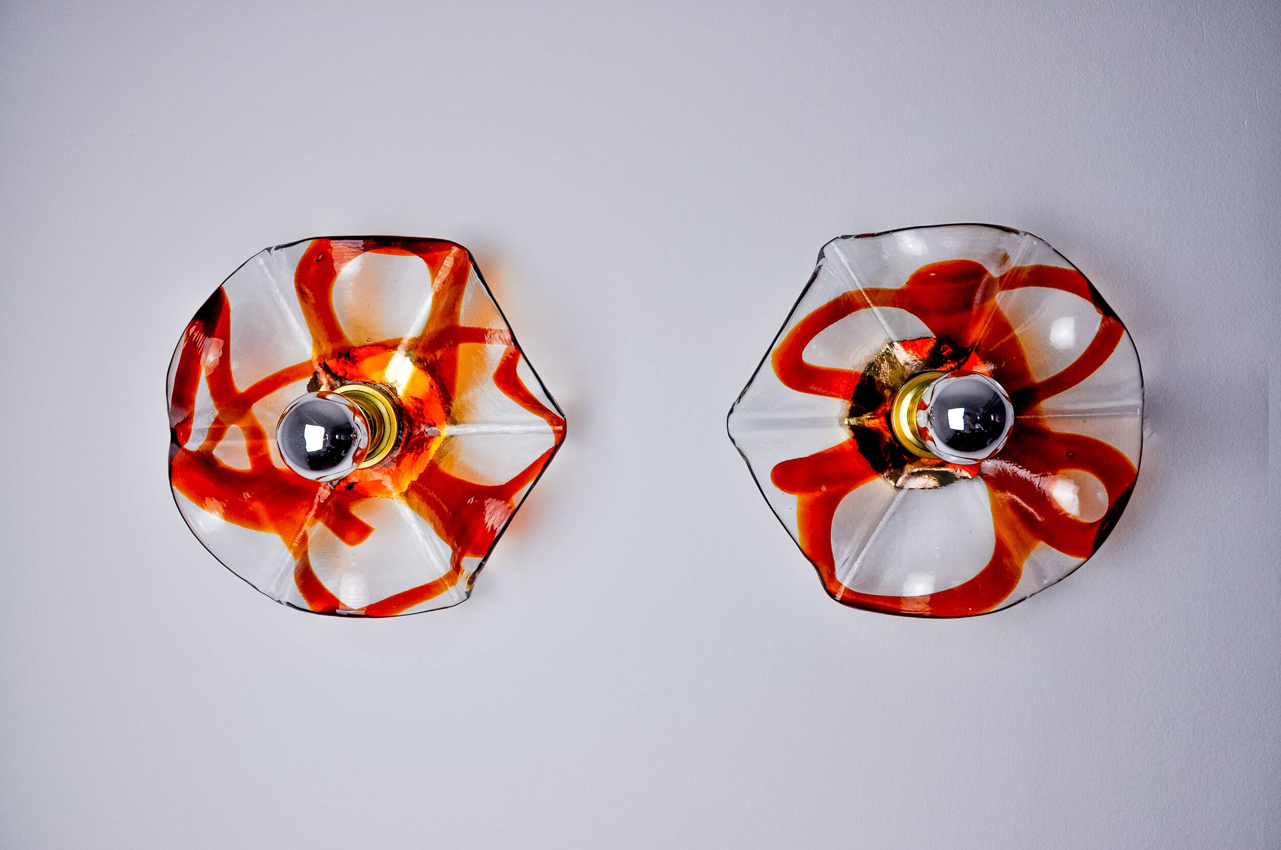 Pair of Fleur wall lights by Murina, orange Murano glass, Italy, 1970