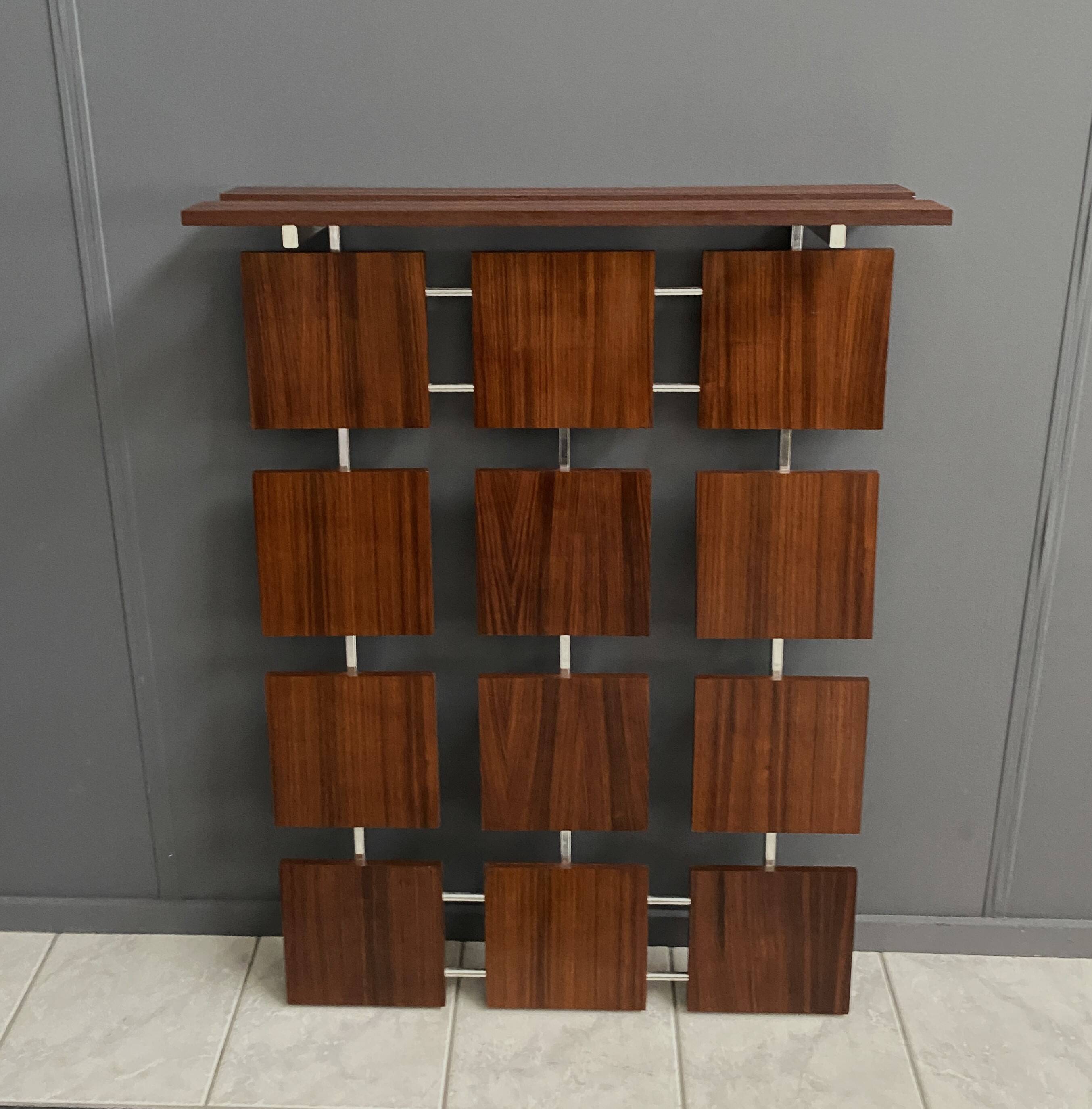 Coat rack wall unit in palisander wood veneer and chrome 1960s