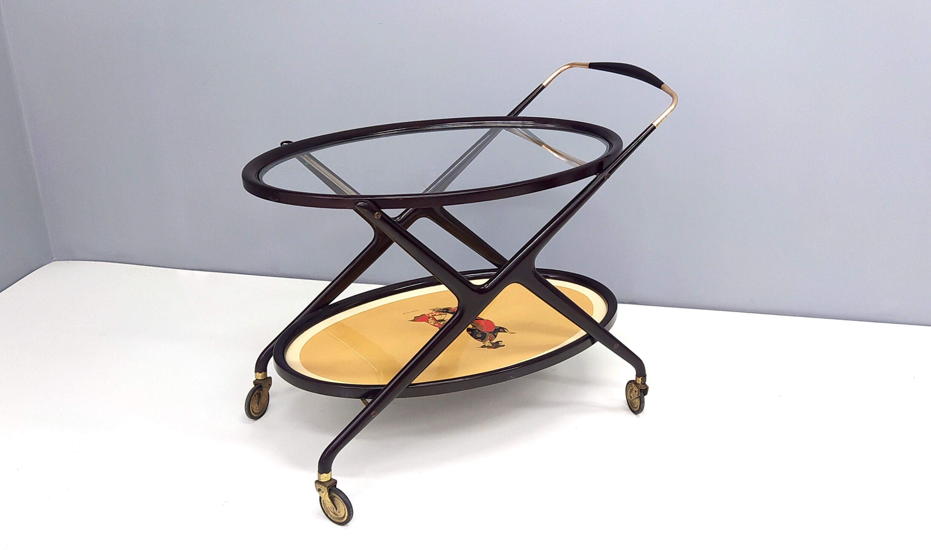 Vintage ebonized beech serving cart with oriental print, italy