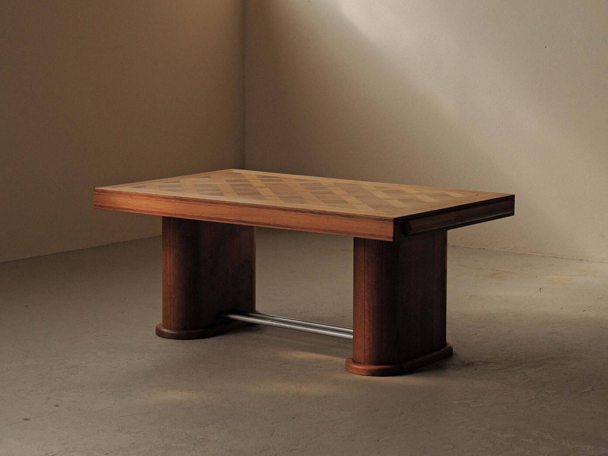 Art Deco table in oak and walnut with marquetry decoration, circa 1940.