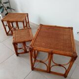 Set of 3 vintage nesting tables in bamboo and woven rattan