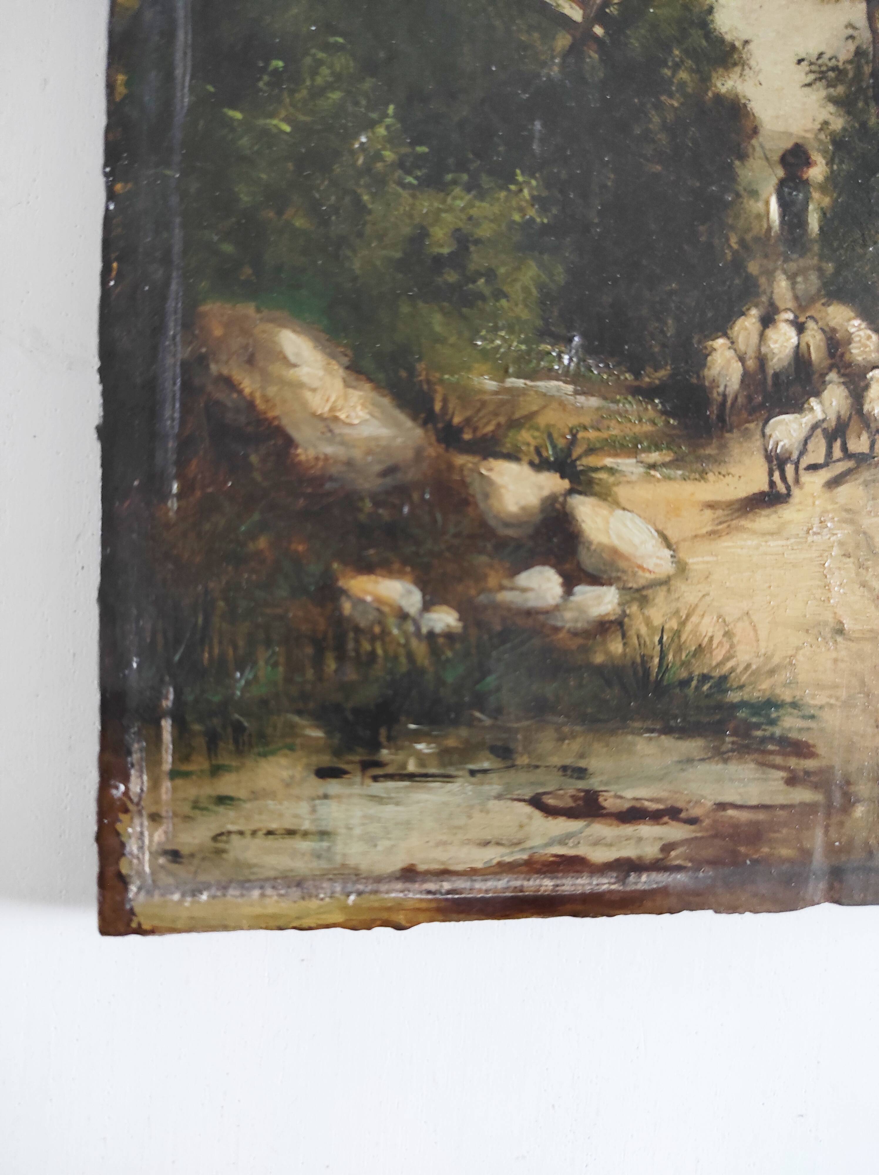 Shepherd with his sheep oil on panel 19th century