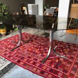 Vintage dining table chrome legs and smoked glass 1970