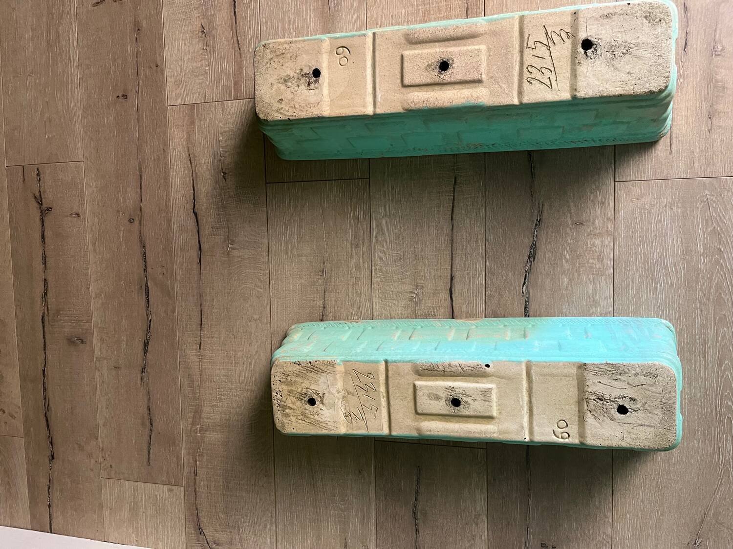 2 water green stone planters, 1950s-60s