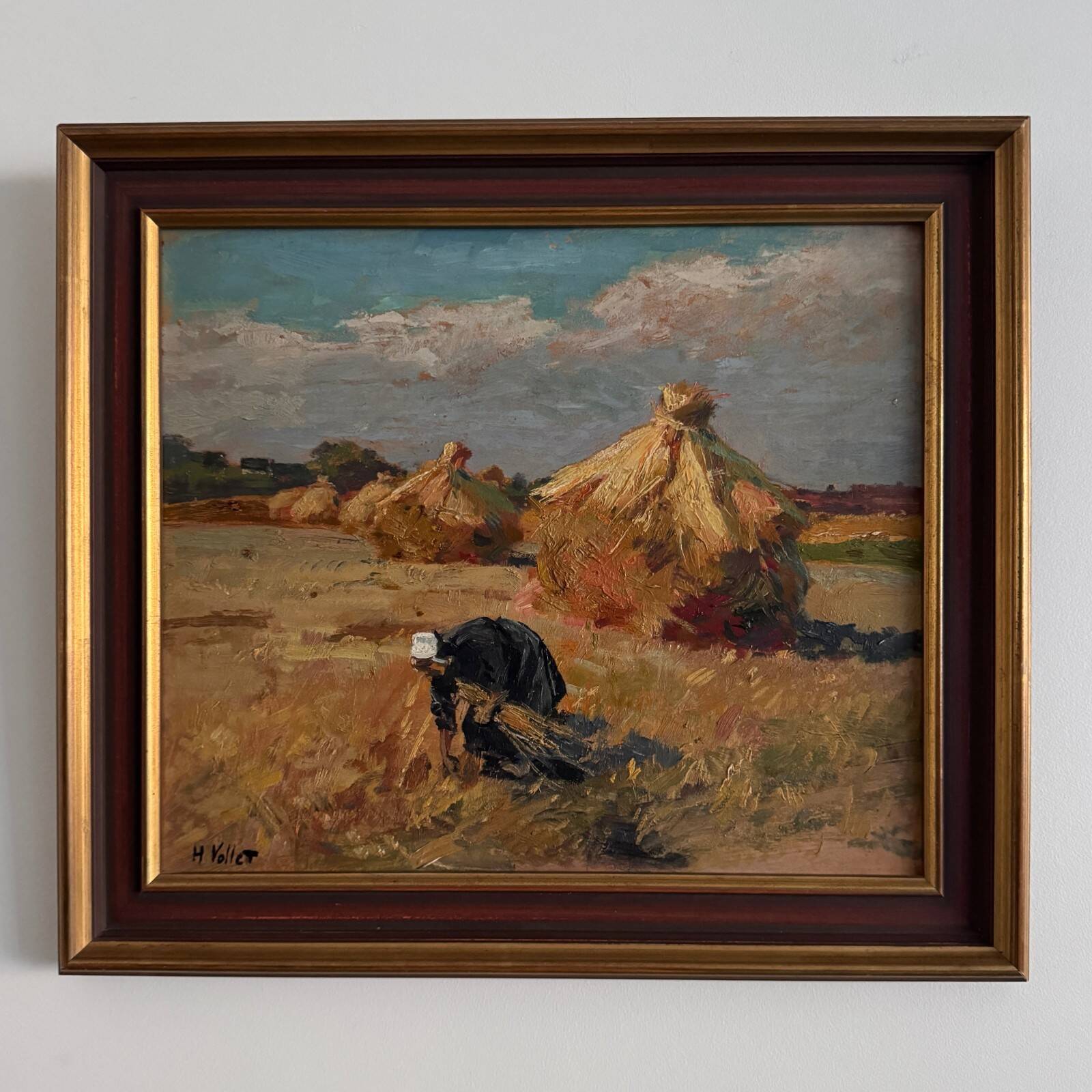 Oil on panel by Henri Vollet Breton woman gathering hay