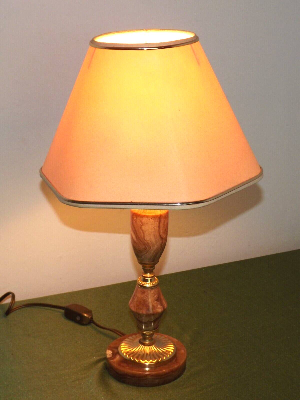 French vintage round brown marble table lamp gold detail beige fabric shade 4059