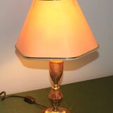 French vintage round brown marble table lamp gold detail beige fabric shade 4059