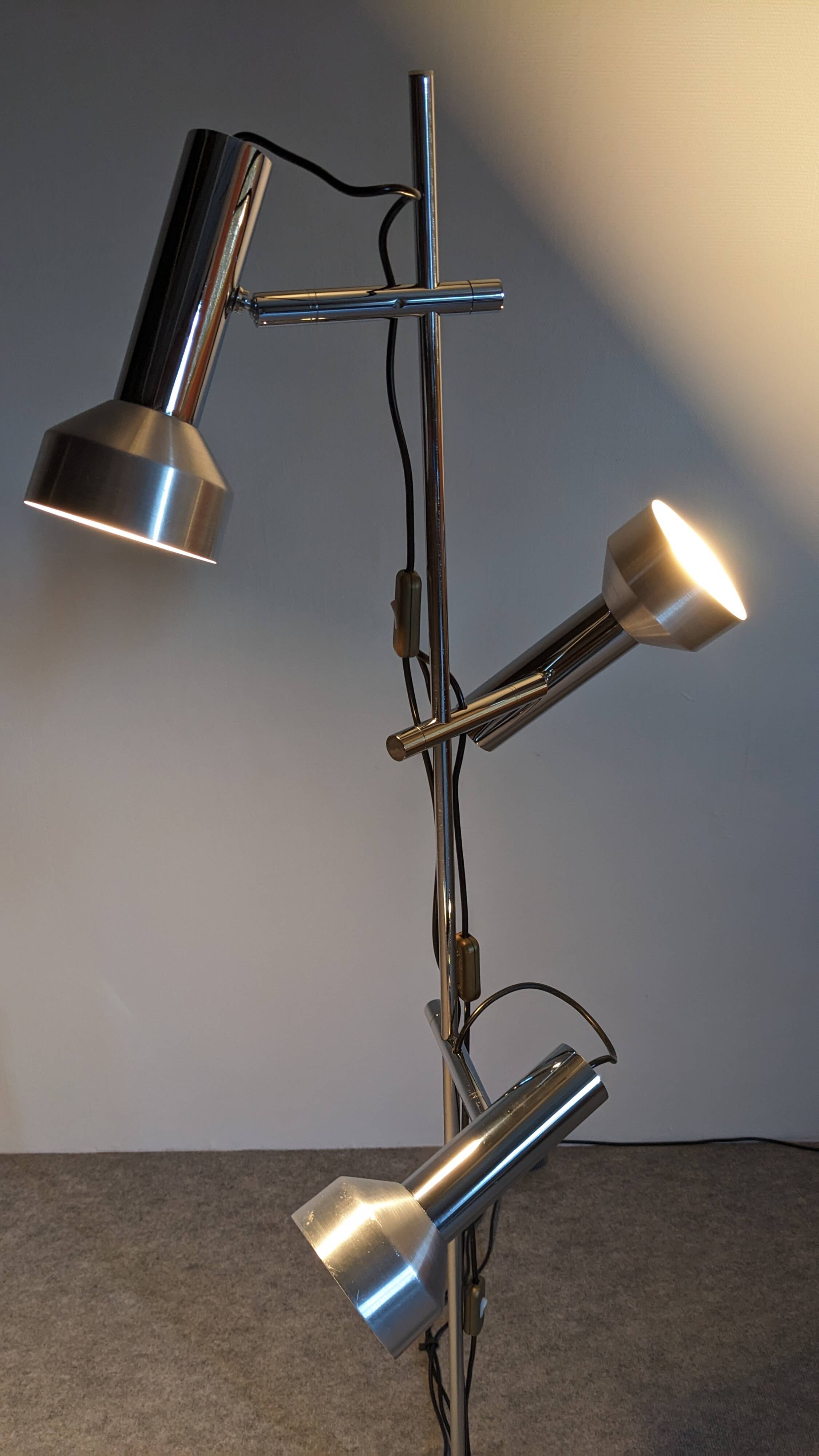 Three-spot floor lamp in chrome metal by Philips, Netherlands circa 1970.