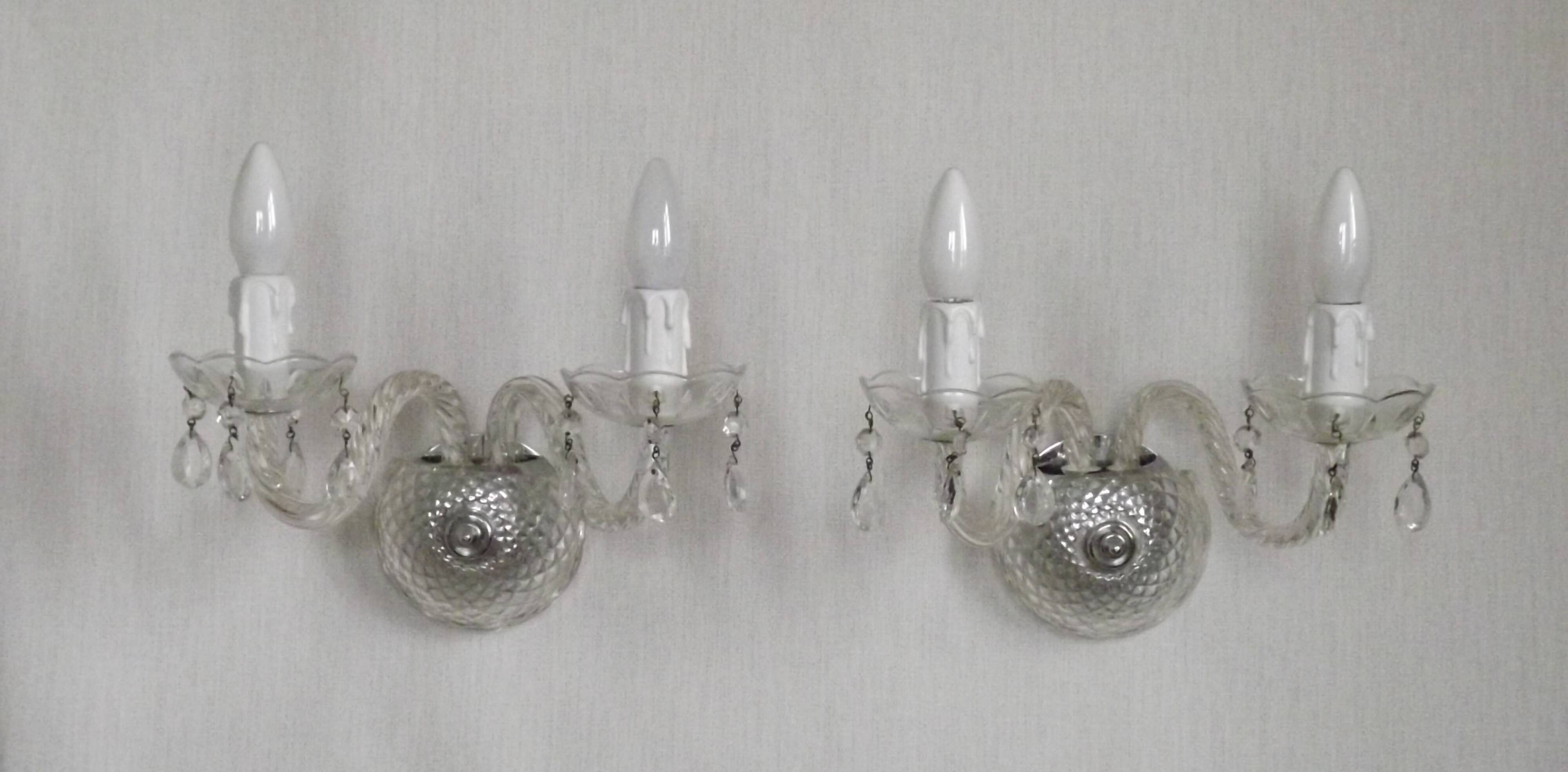 Pair of French vintage double crystal wall lights with barley twist glass arms.