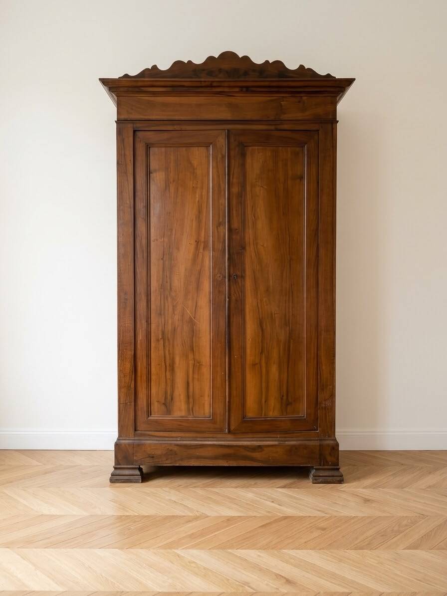 Antique solid walnut wardrobe with two doors.