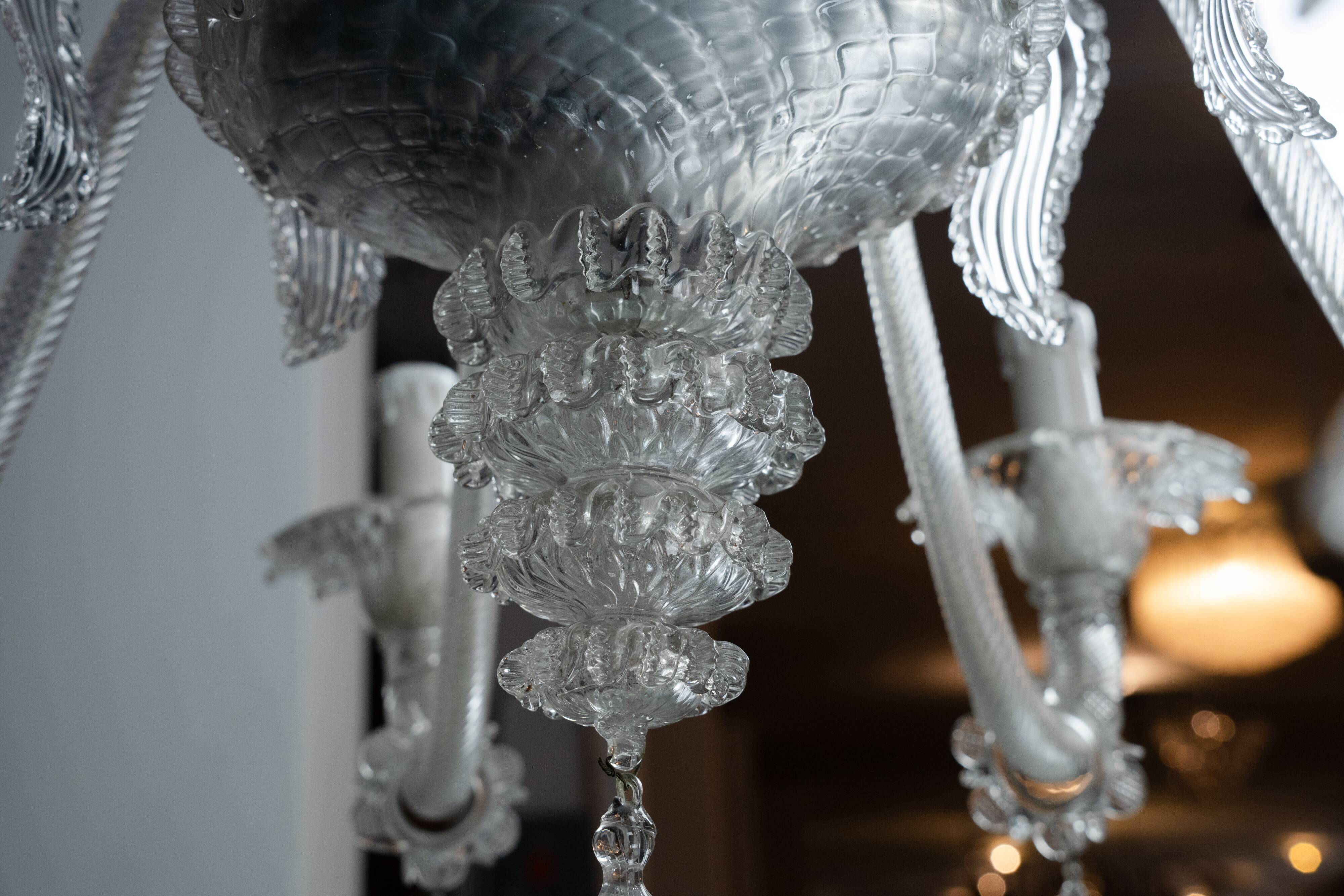 1940s Vintage Murano Clear Glass Chandelier, Classic Italian Art Glass
