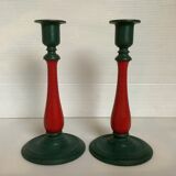 Pair of cast iron and wood candle holders