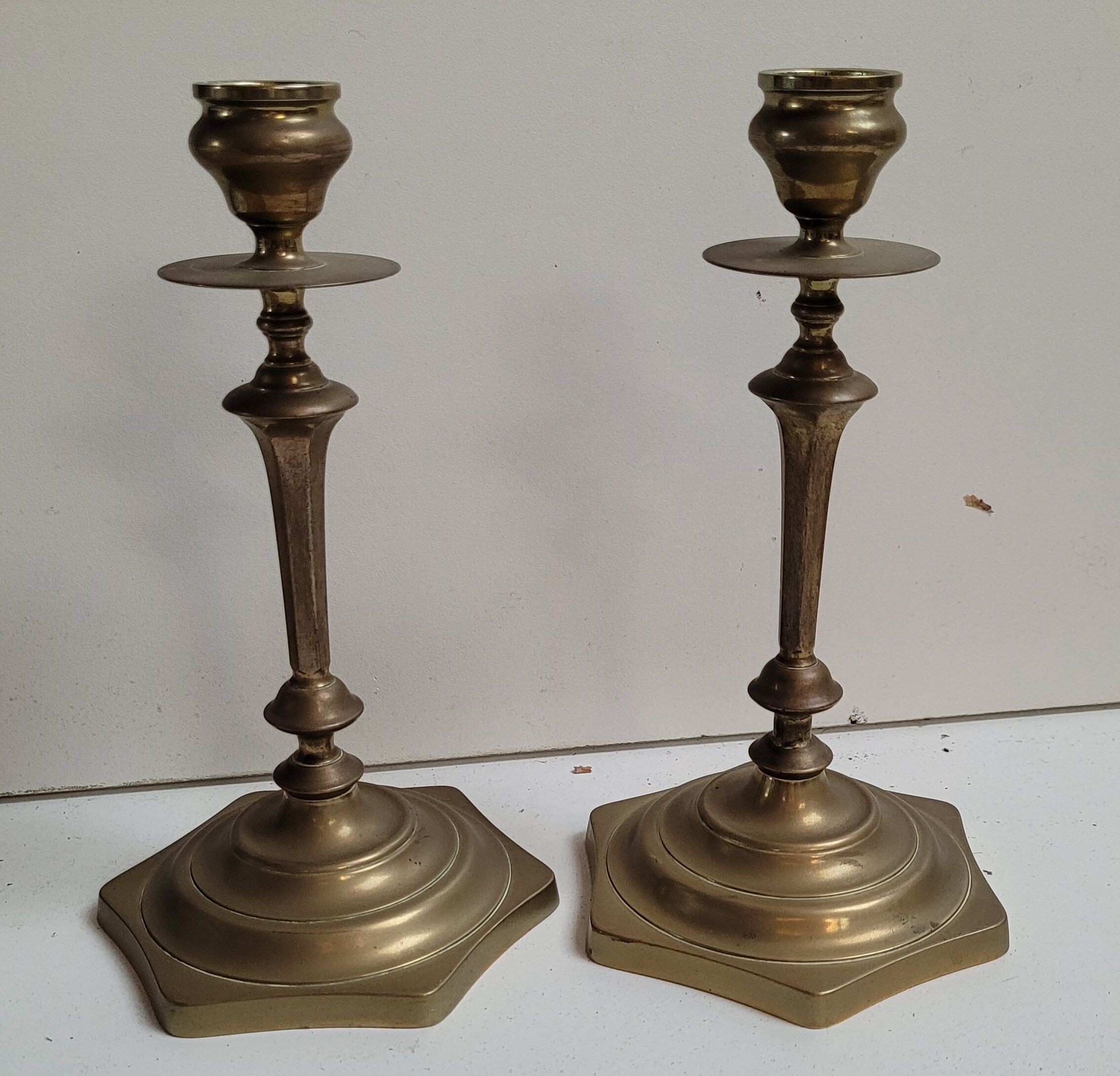 Pair brass candlesticks hexagon