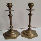 Pair brass candlesticks hexagon
