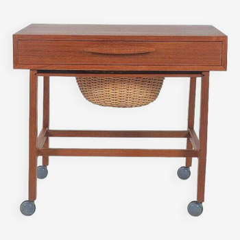 Danish sewing table in teak with rattan basket, 1960s