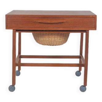 Danish sewing table in teak with rattan basket, 1960s