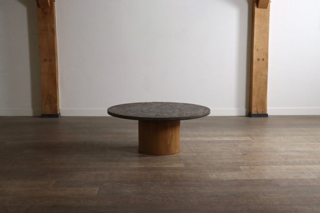Peter Draenert studios coffee table in fossil stone and oak, Germany 1970s