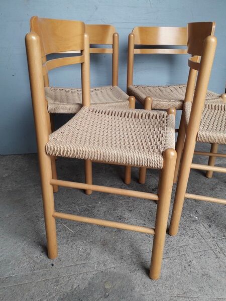 Serie 4 chairs wood and rope ep 1970/80 design