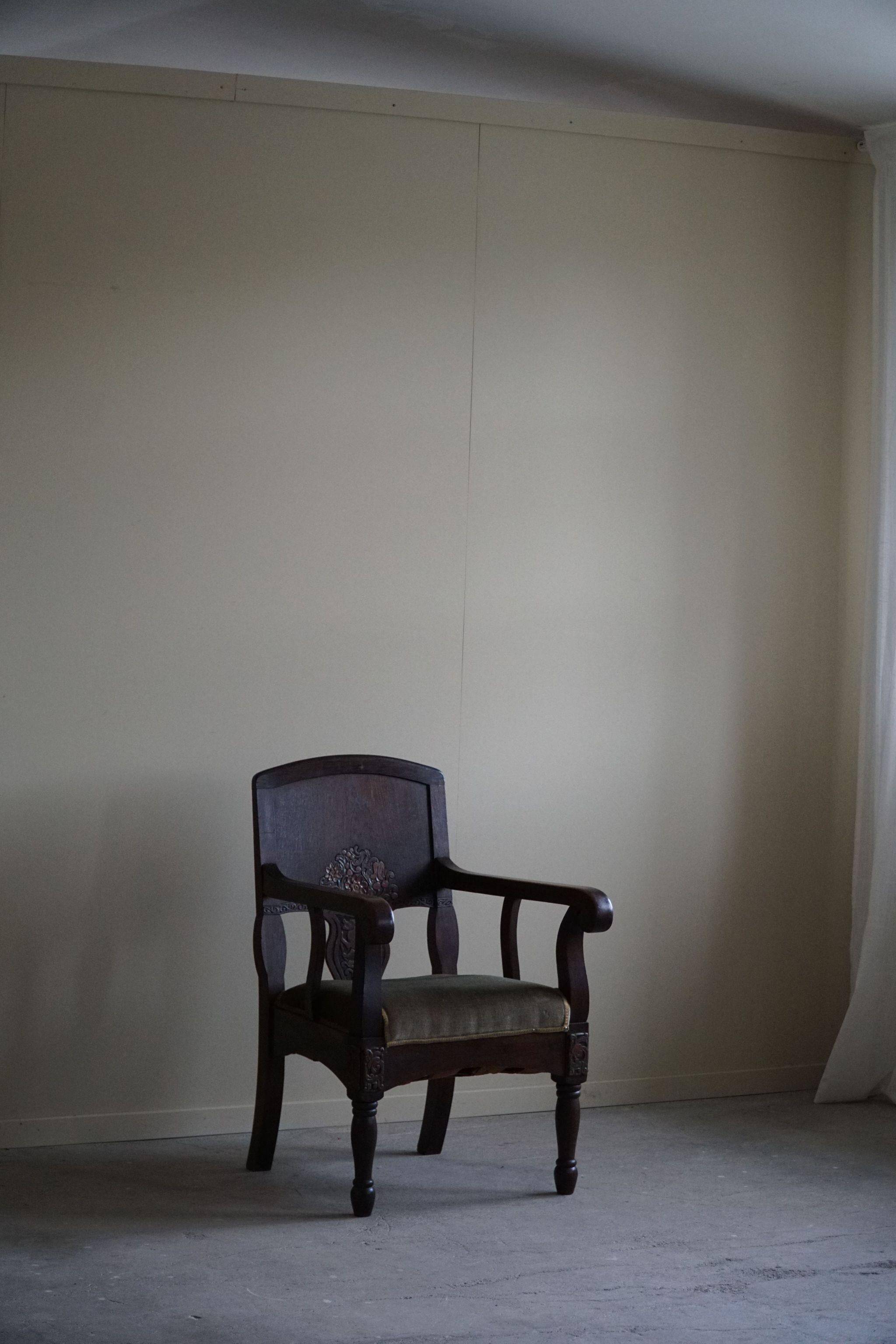 Hand-carved oak and velvet armchair, Danish furniture maker, Art Nouveau, 1939