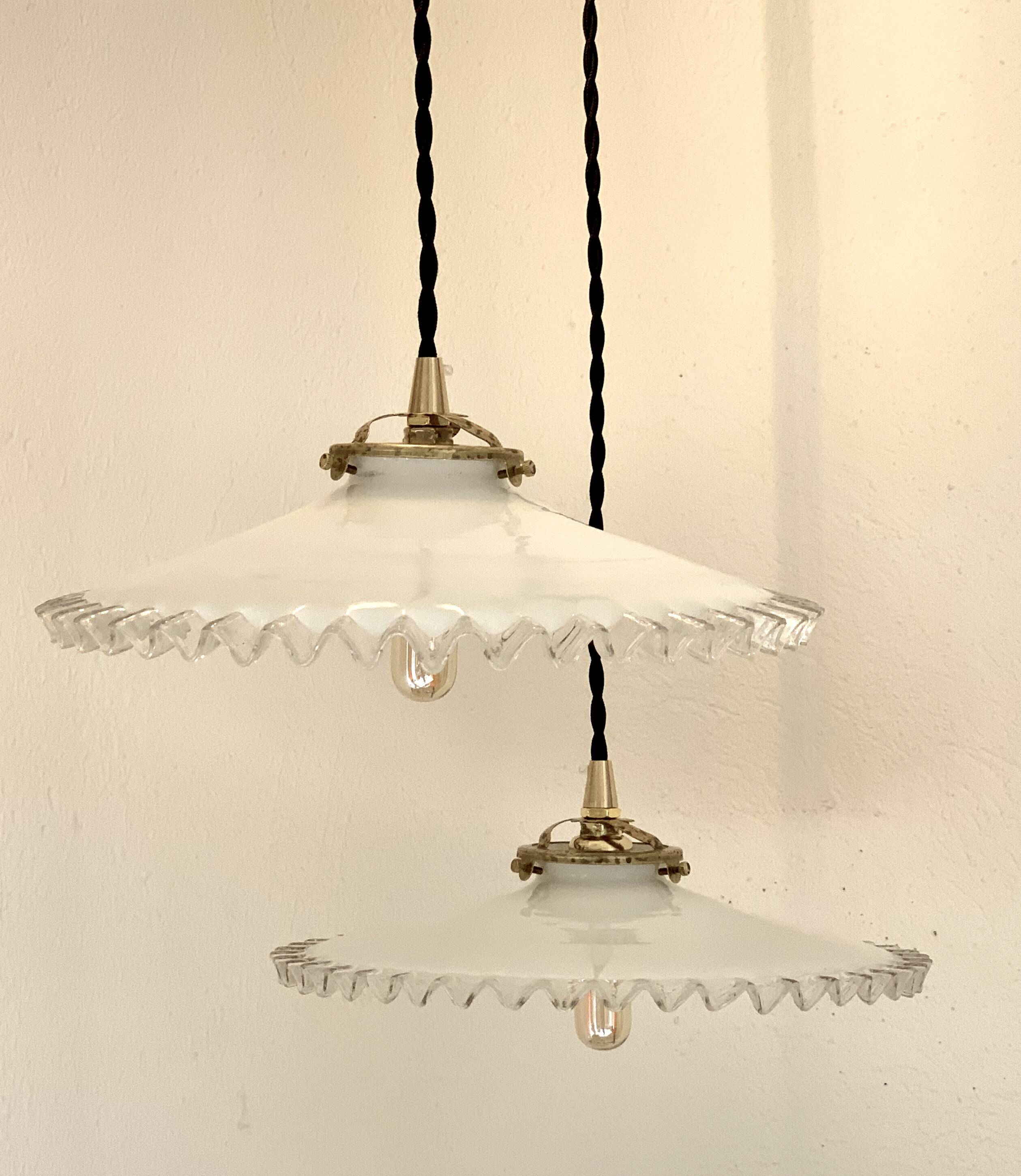 Pair of serrated opaline bistro pendant lights