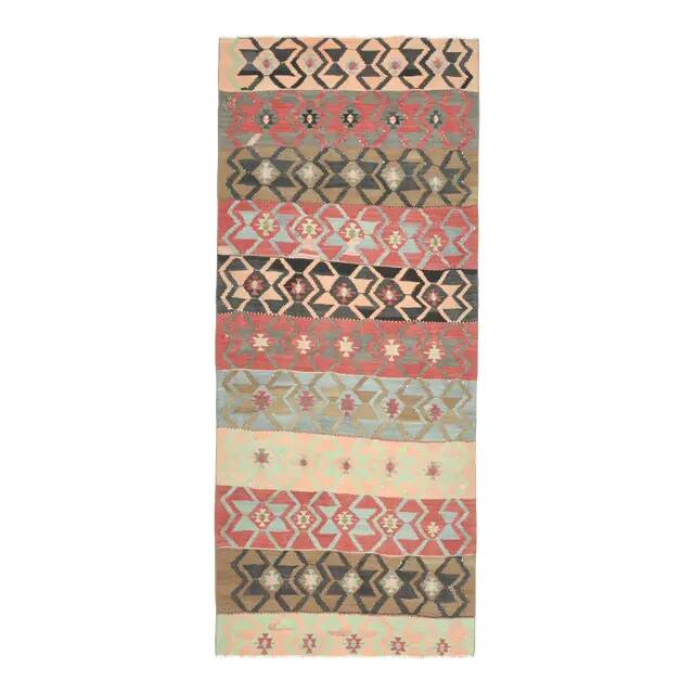 1970s Vintage Turkish Oushak Handmade Wool Cotton Pink Runner Rug 107x255