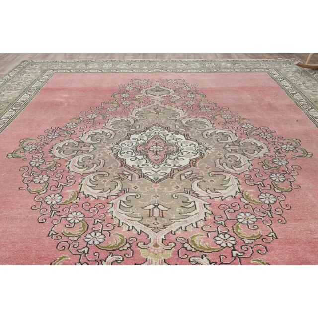 1970s Vintage Persian Handmade Wool Cotton Pink Area Rug 290x393