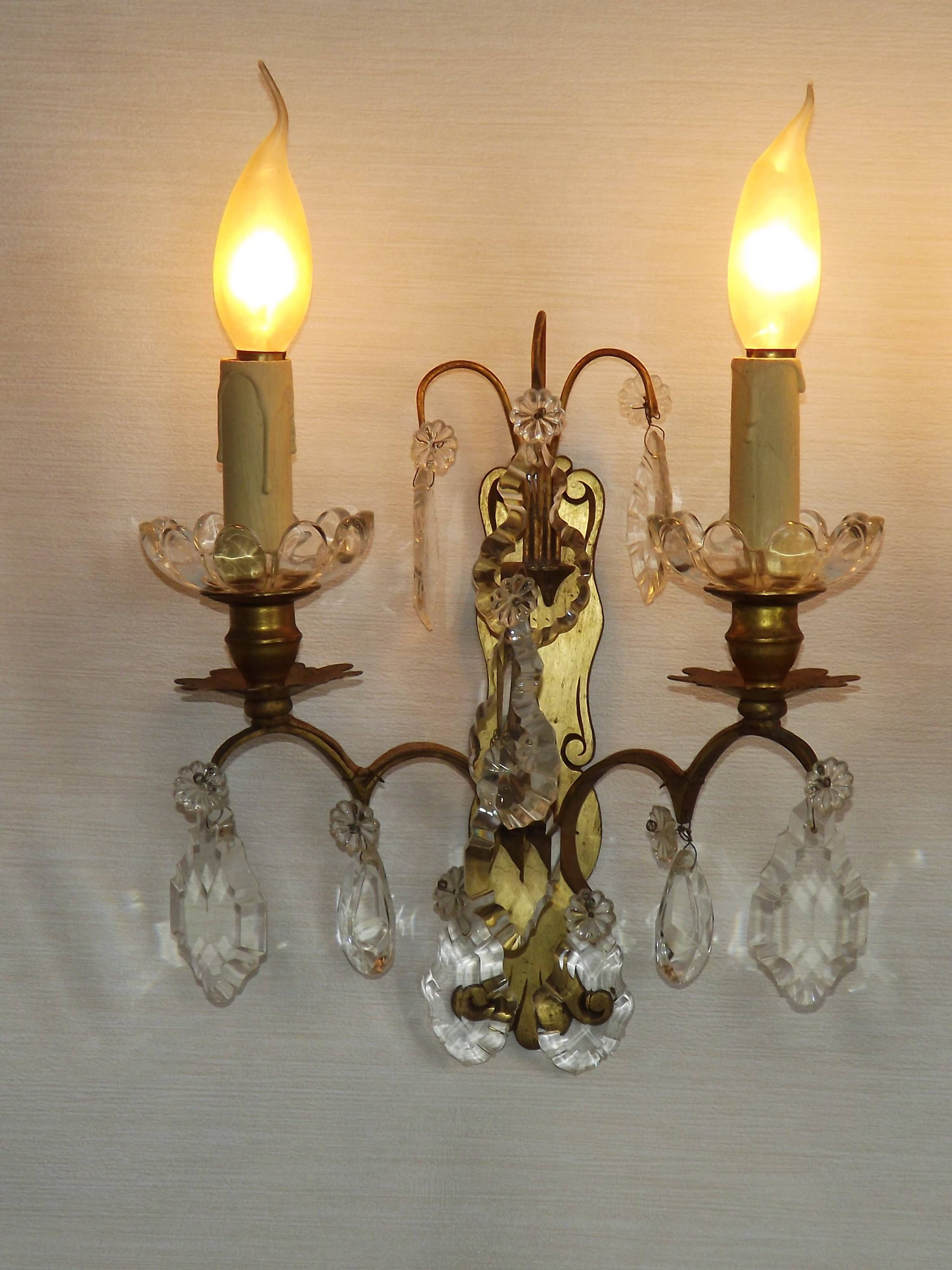 Pair of French Double Brass & Glass Wall Lights Adorned With Crystals