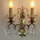 Pair of French Double Brass & Glass Wall Lights Adorned With Crystals
