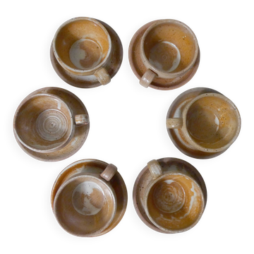 6 tasses en grès avec soucoupes vintage