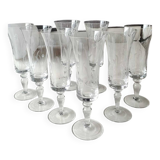 Set of 8 champagne flutes, flared neck. In crystal. Frosted plant motifs.