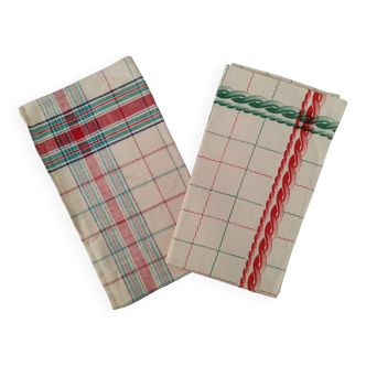Old tea towels cotton canvas vintage red and green patterns