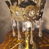 1960s lamp in bronze and brass with glass tear drop pendants, 38x18.