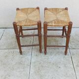 Pair of vintage wooden and straw stools from the 50s, rectangular