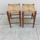 Pair of vintage wooden and straw stools from the 1950s, rectangular.