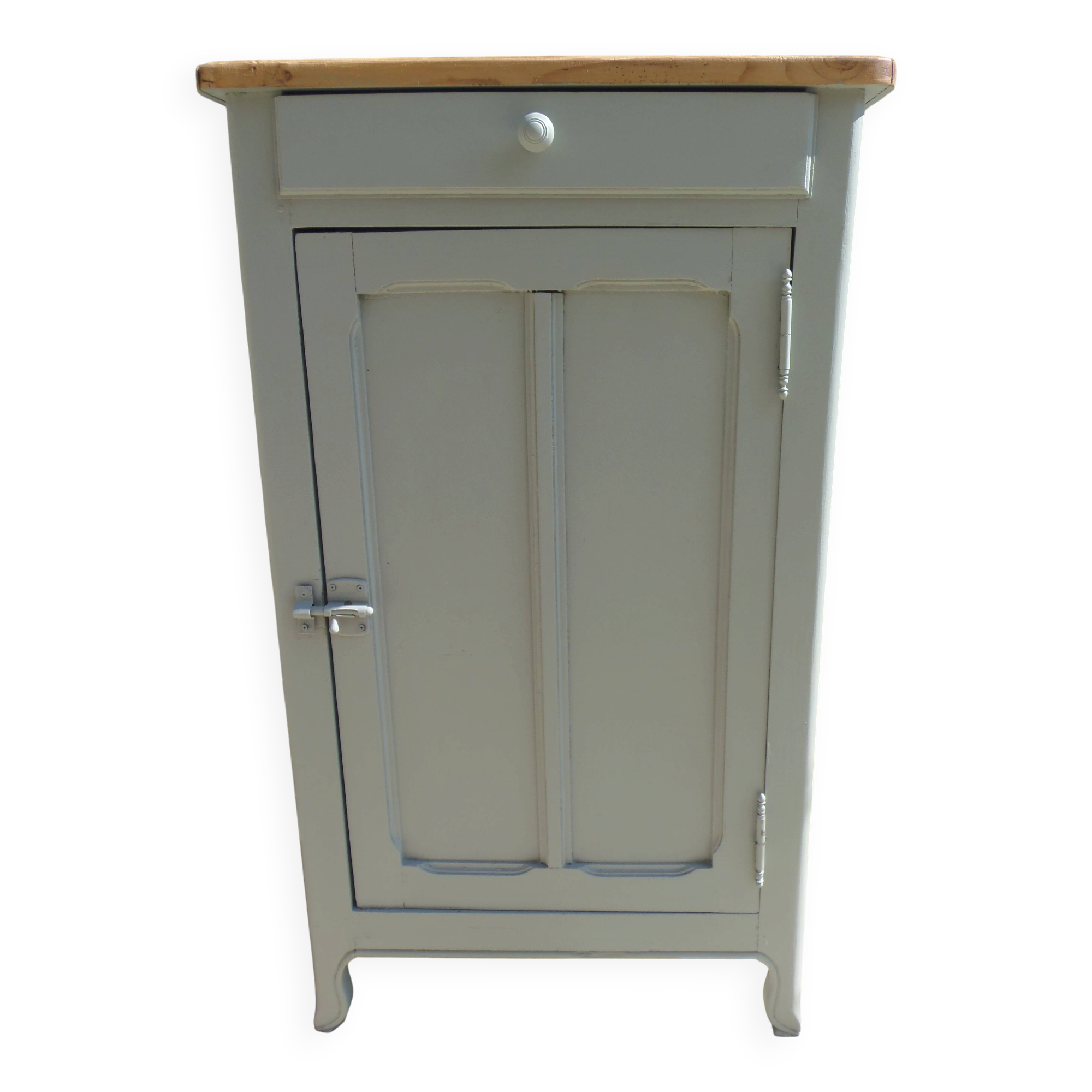 Vintage Parisian cupboard with 1 door, 1 drawer, reimagined in grey-green.