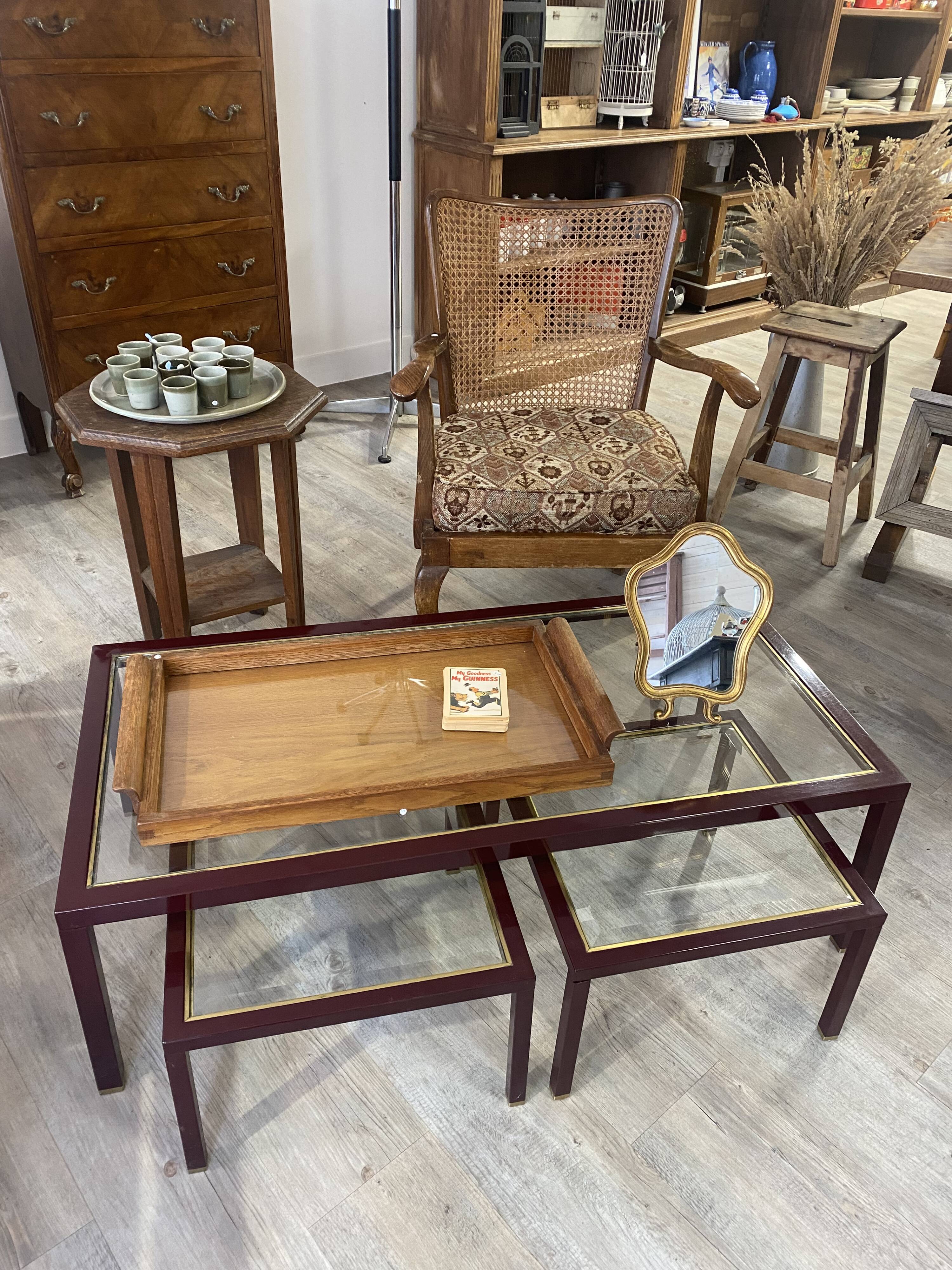 Burgundy lacquered metal, brass and beveled glass nesting tables, France 1950s