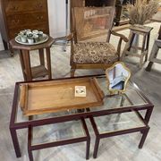 Burgundy lacquered metal, brass and beveled glass nesting tables, France 1950s
