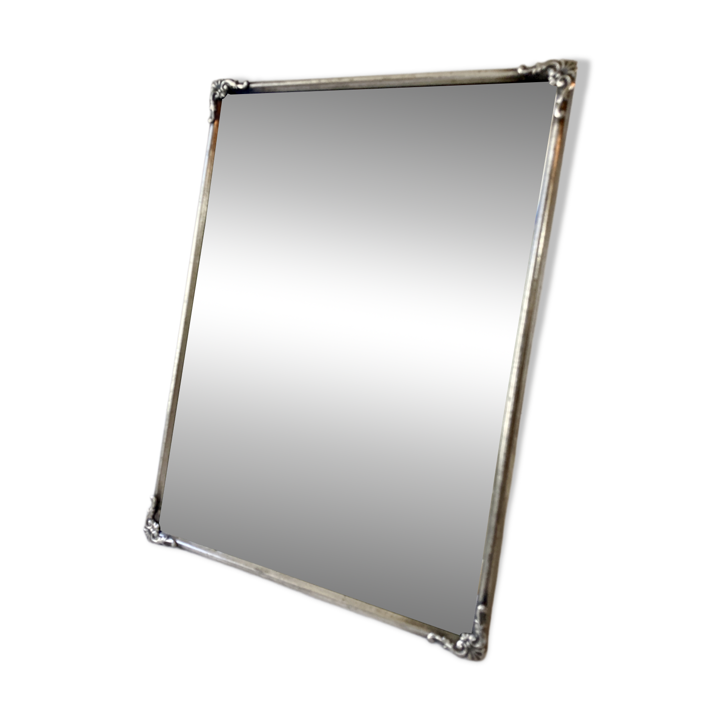 Antique framed mirror, bevelled glass and silver-plated metal frame, 1930-1940.