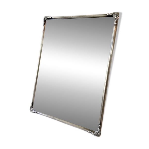 Ancien miroir encadré, verre biseauté et cadre en métal argenté, 1930-1940