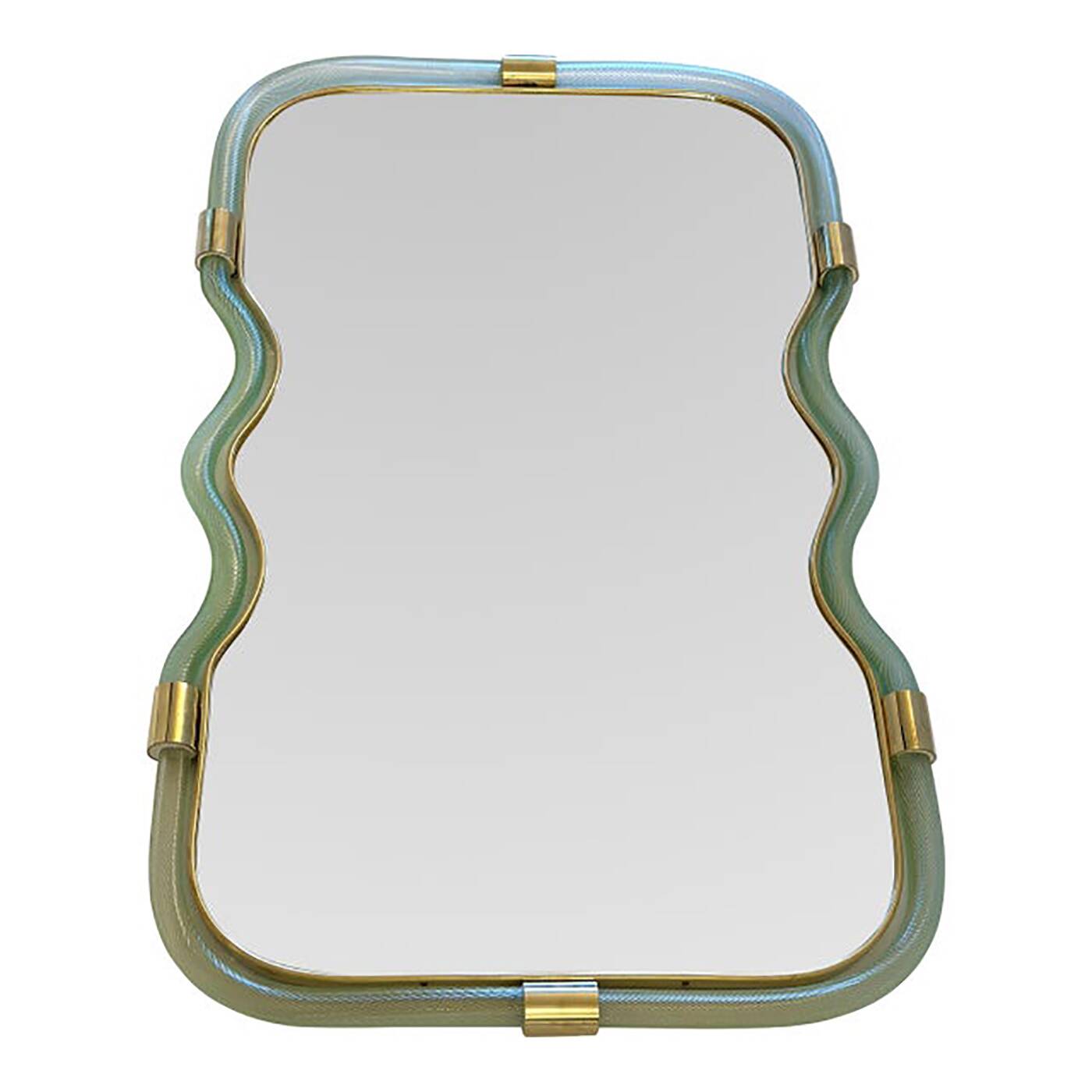 Contemporary Wave Mirror in Green and Gold "Torchon" Torciglione Murano Sty
