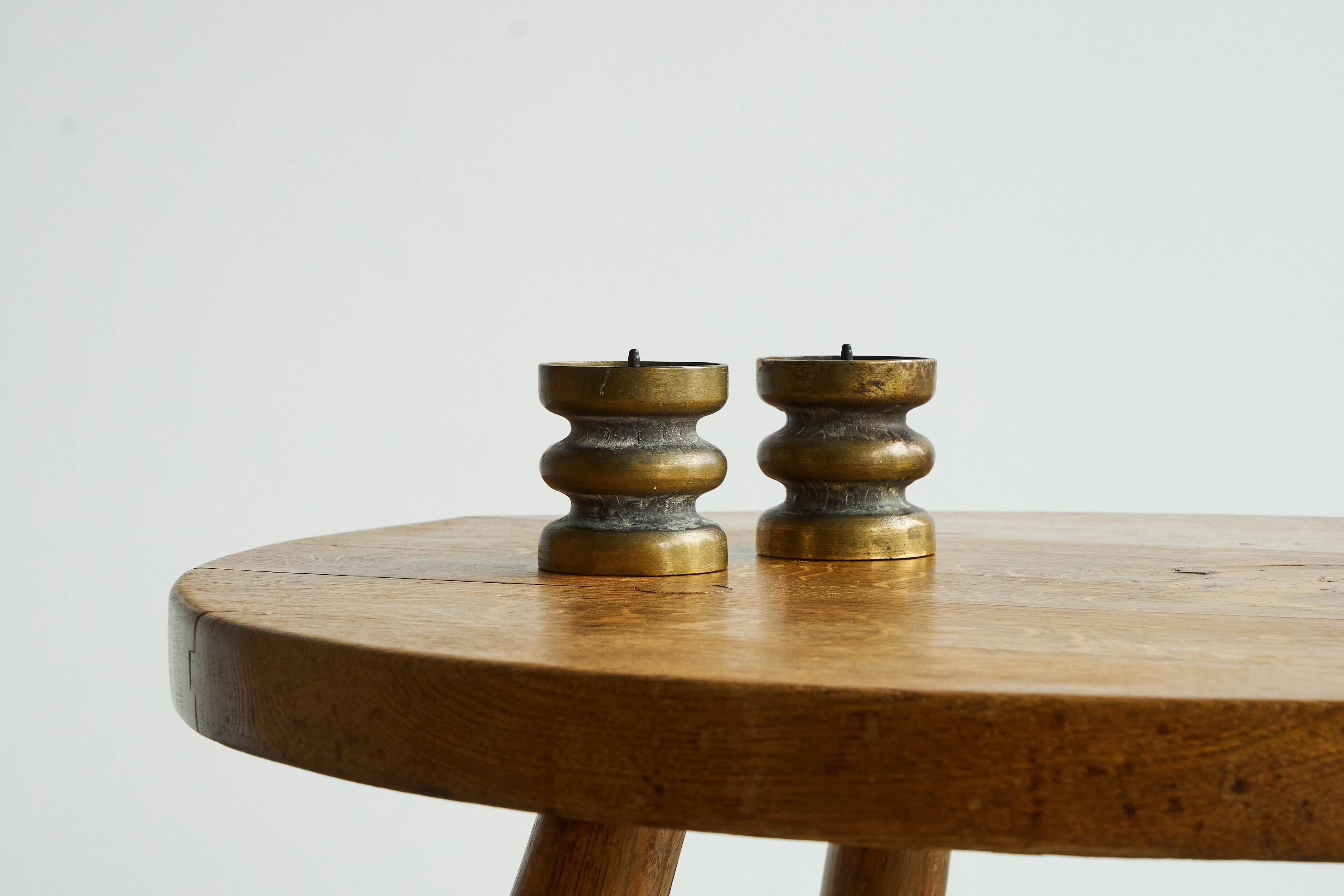 Brutalist pair of patinated bronze candle holders, 1960s