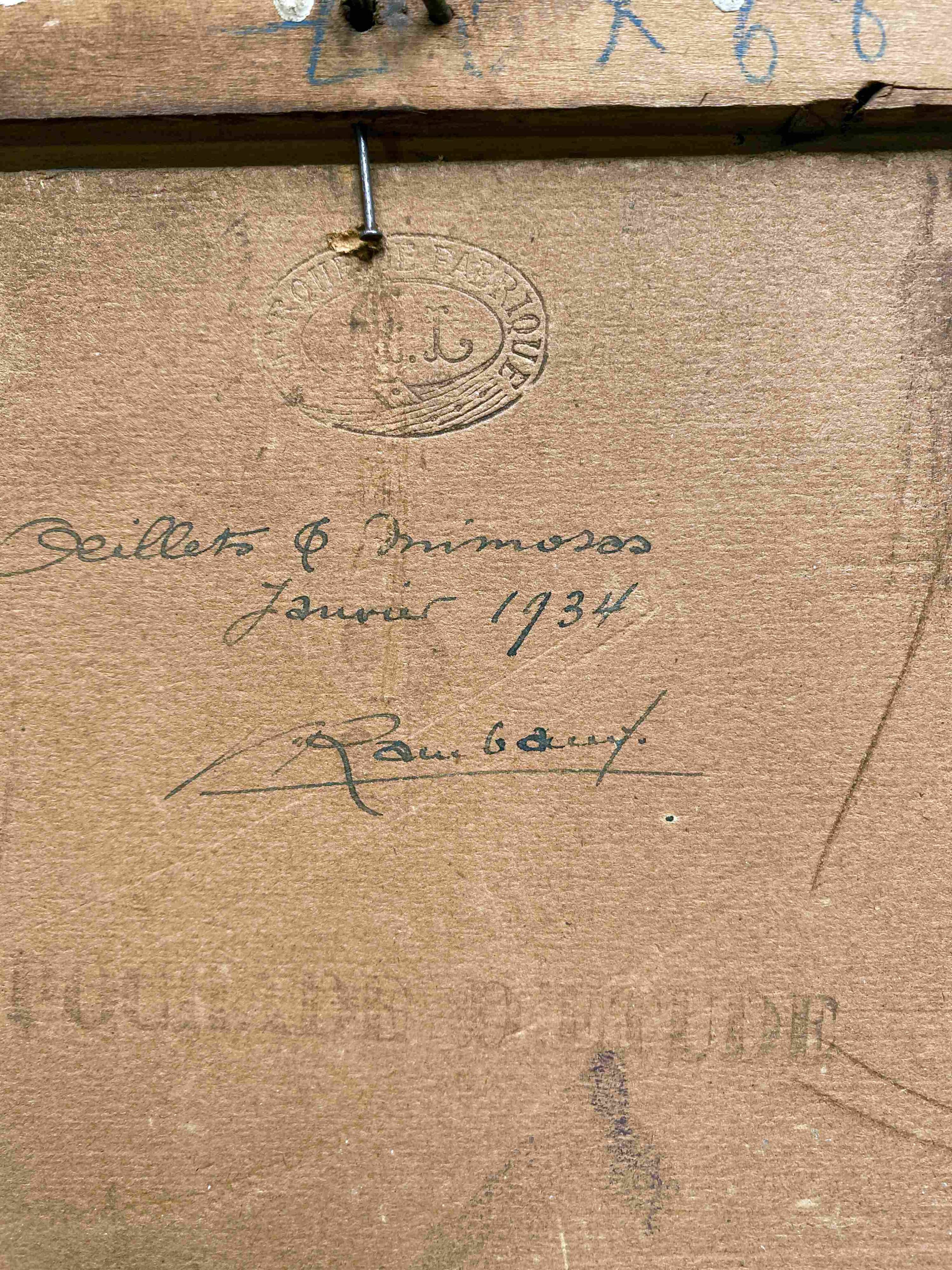 HSP painting "Bouquet of carnations and mimosas" 1934 by Victor RAMBAUD (1902-1996)