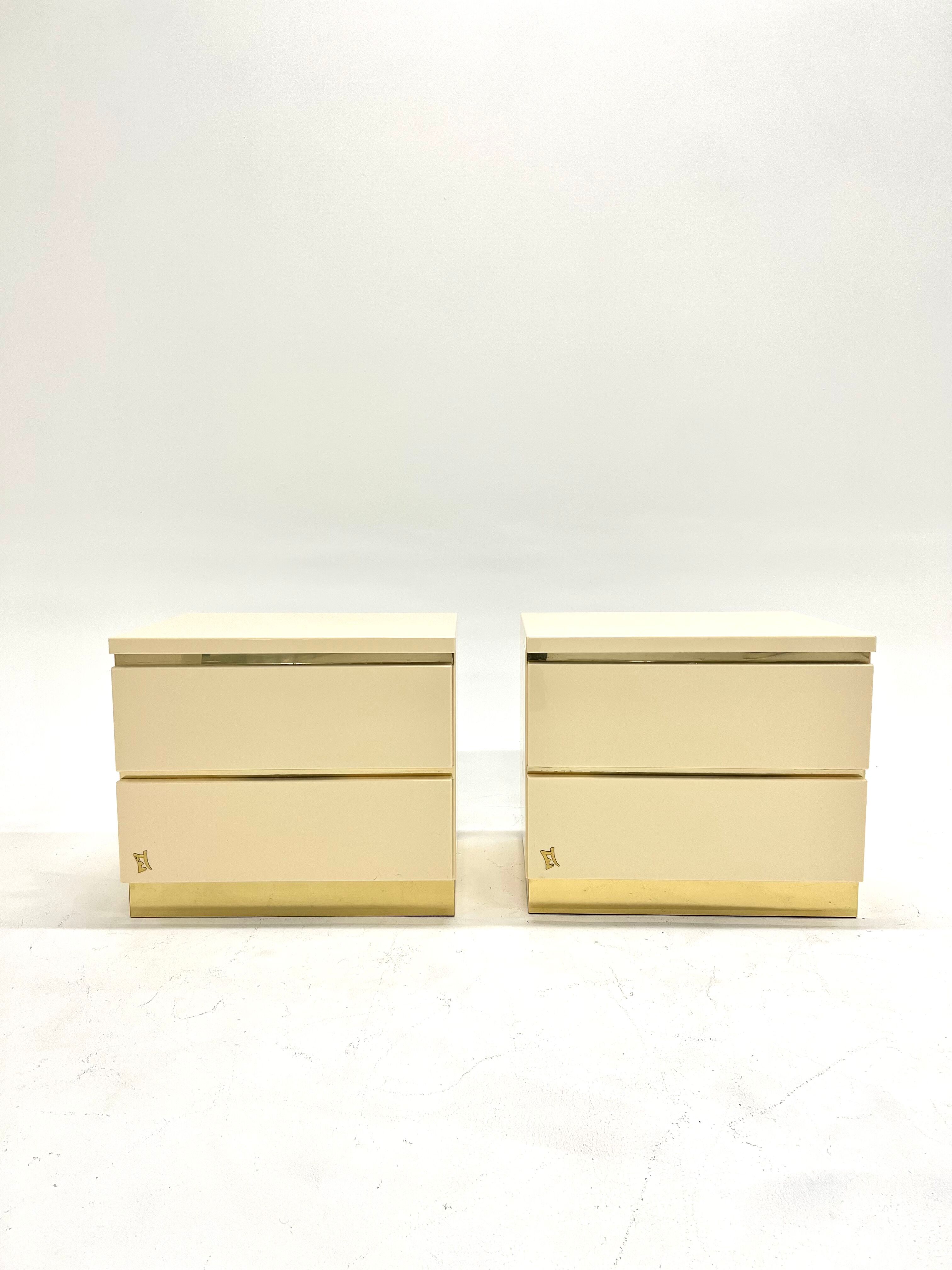Pair of lacquer and brass bedside tables Éric Maville 1970