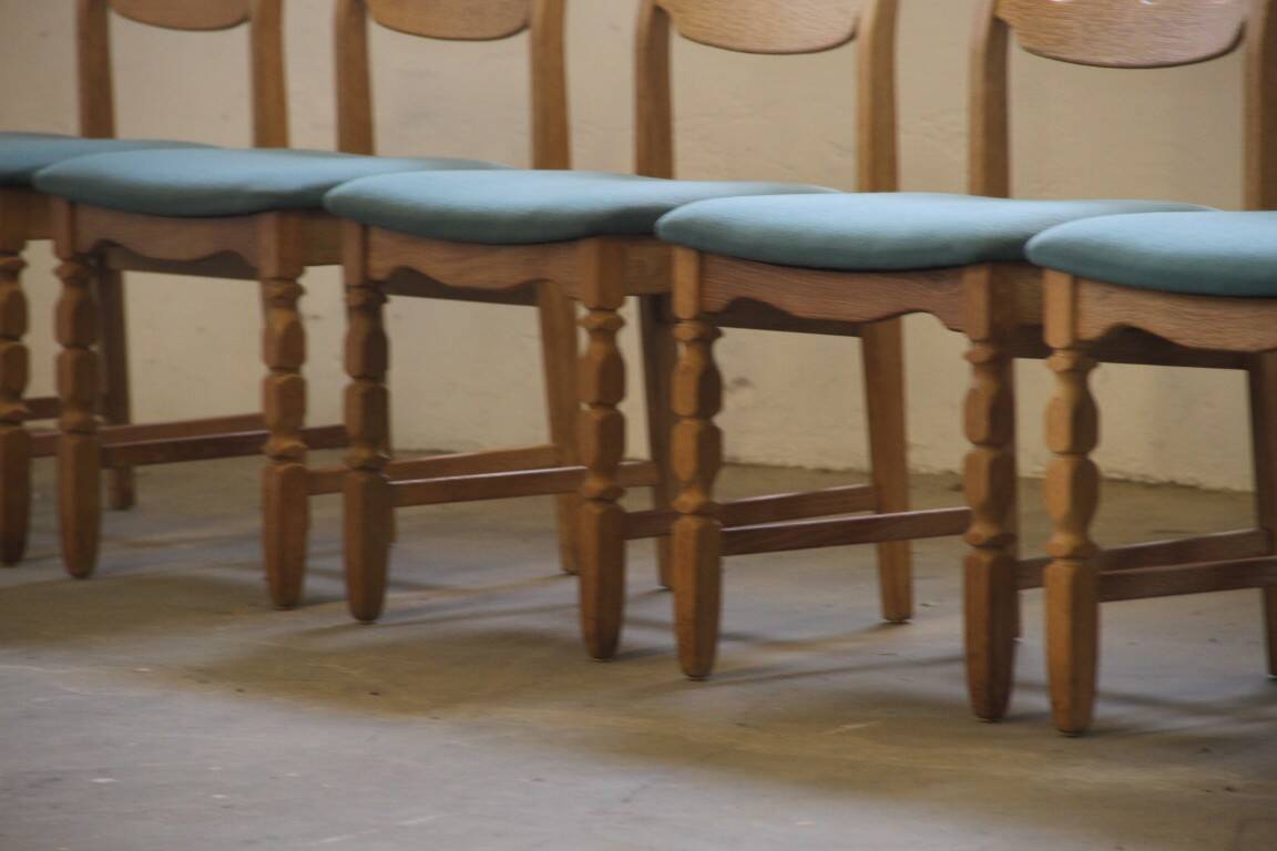 1960s Danish brutalist oak Razorblade dining chairs attributed to Henning Kjærnulf