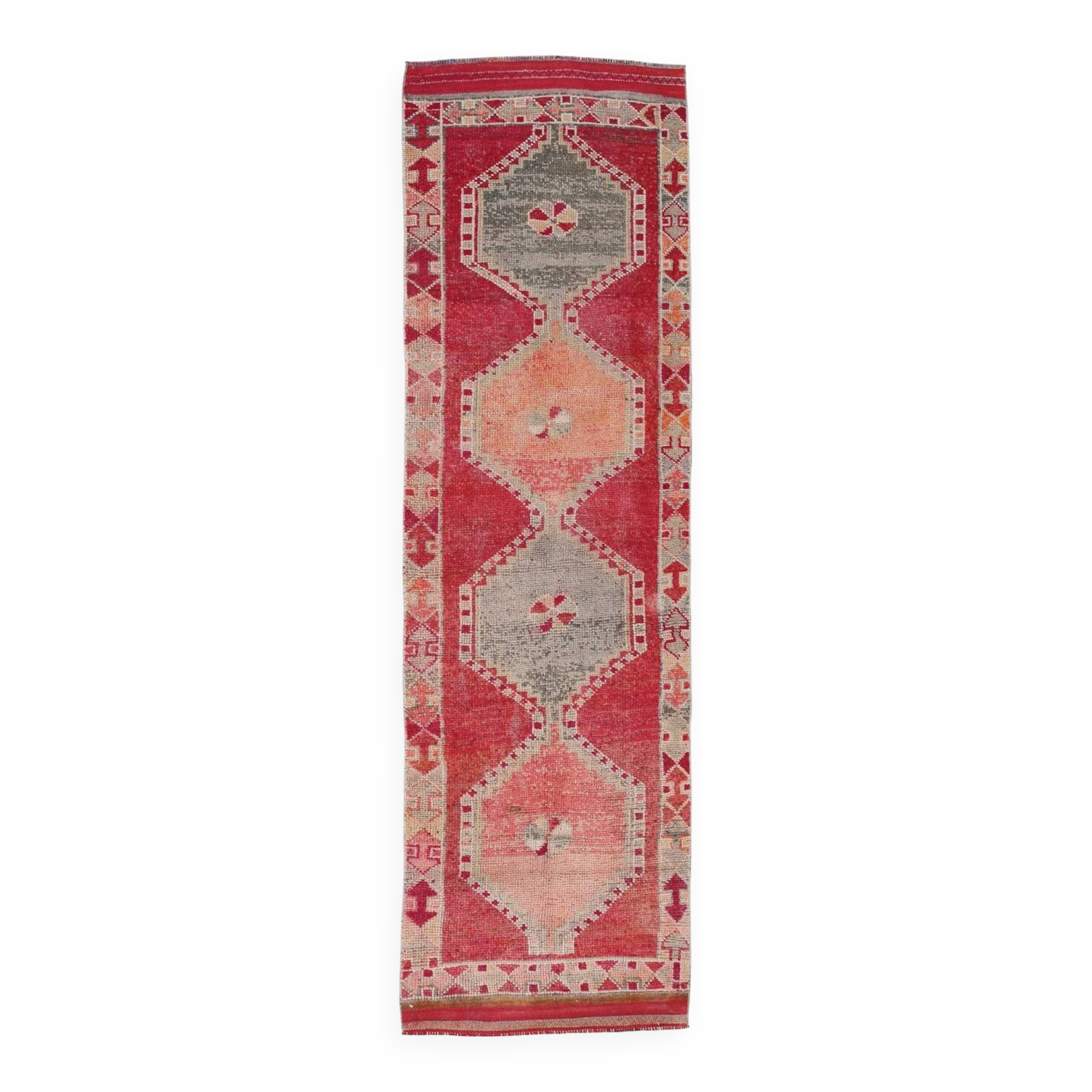 Tapis kilim ancien tons rouges et gris, motifs géométriques turcs,99x343 Cm