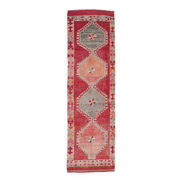 Tapis kilim ancien tons rouges et gris, motifs géométriques turcs,99x343 Cm