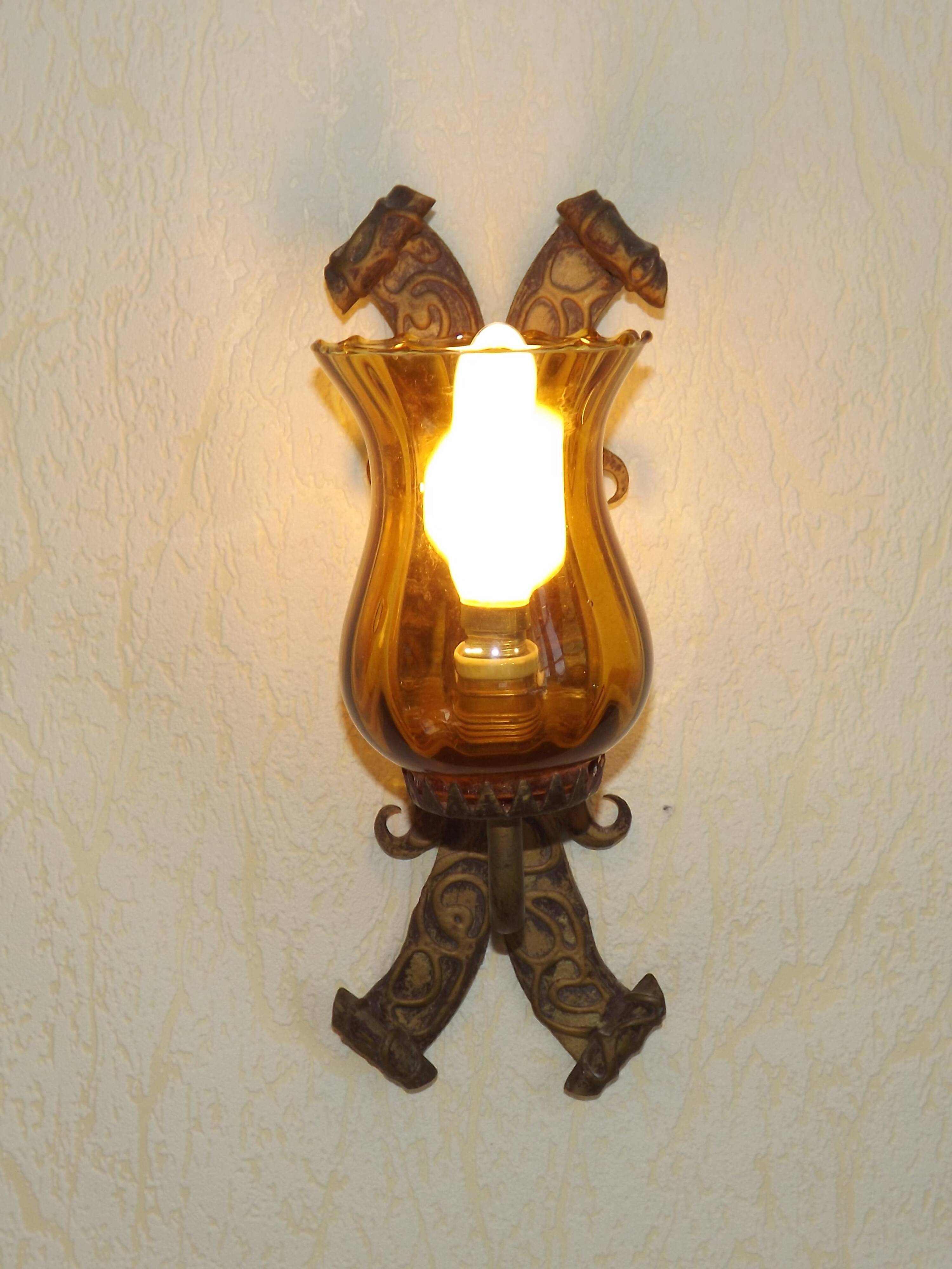 Pair of Hand Forged Wrought Iron Medieval Style Wall Lights with Amber Shades 42