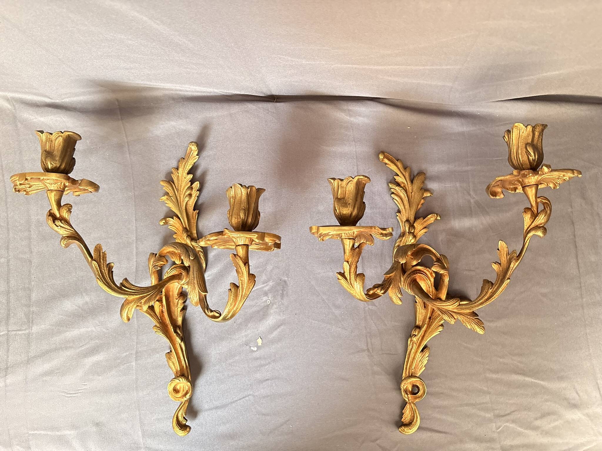 Antique Pair of Wall Sconces Candle Holders Louis XV Rococo Gilt Bronze